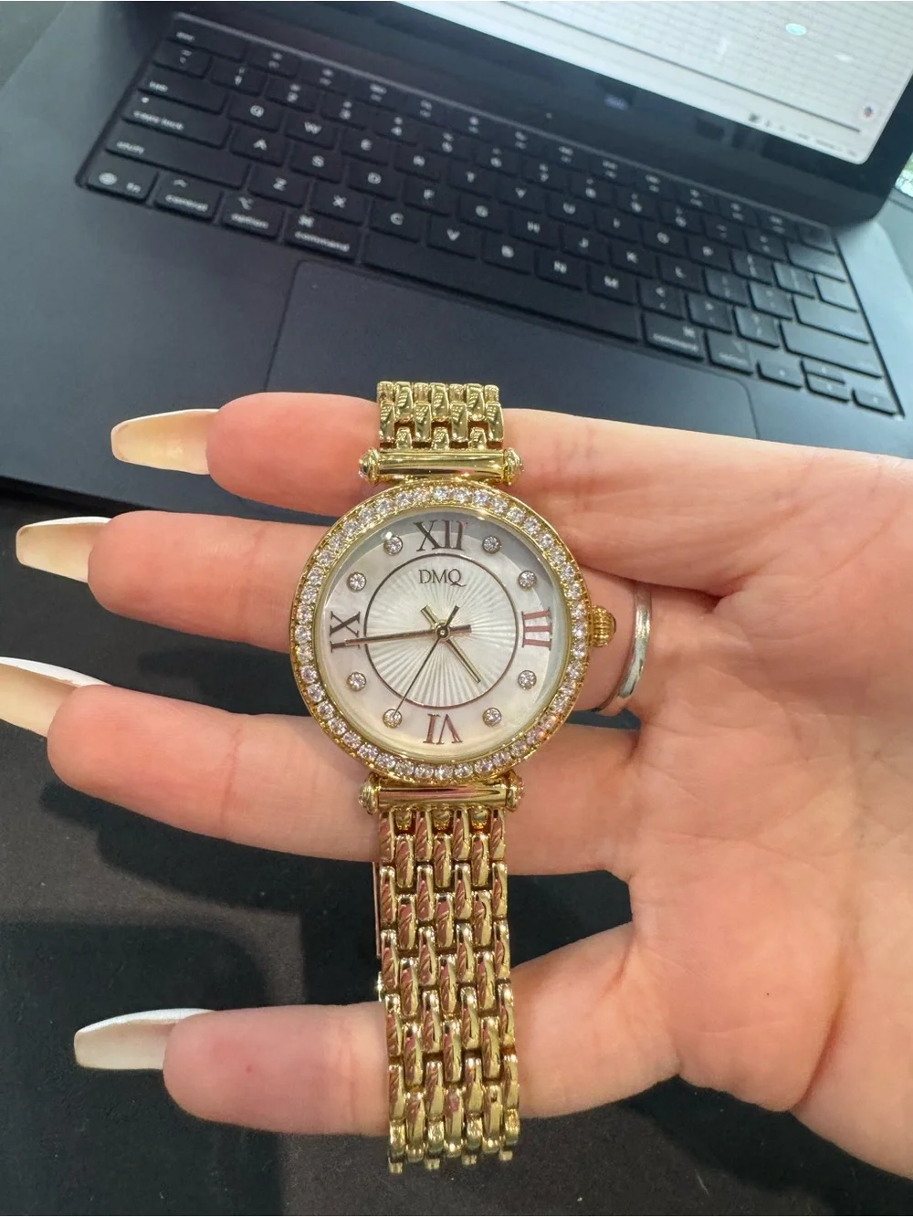 NWT DMQ Women’s Gold-Tone Round Dress Watch w/ Crystal Bezel & Bracelet
